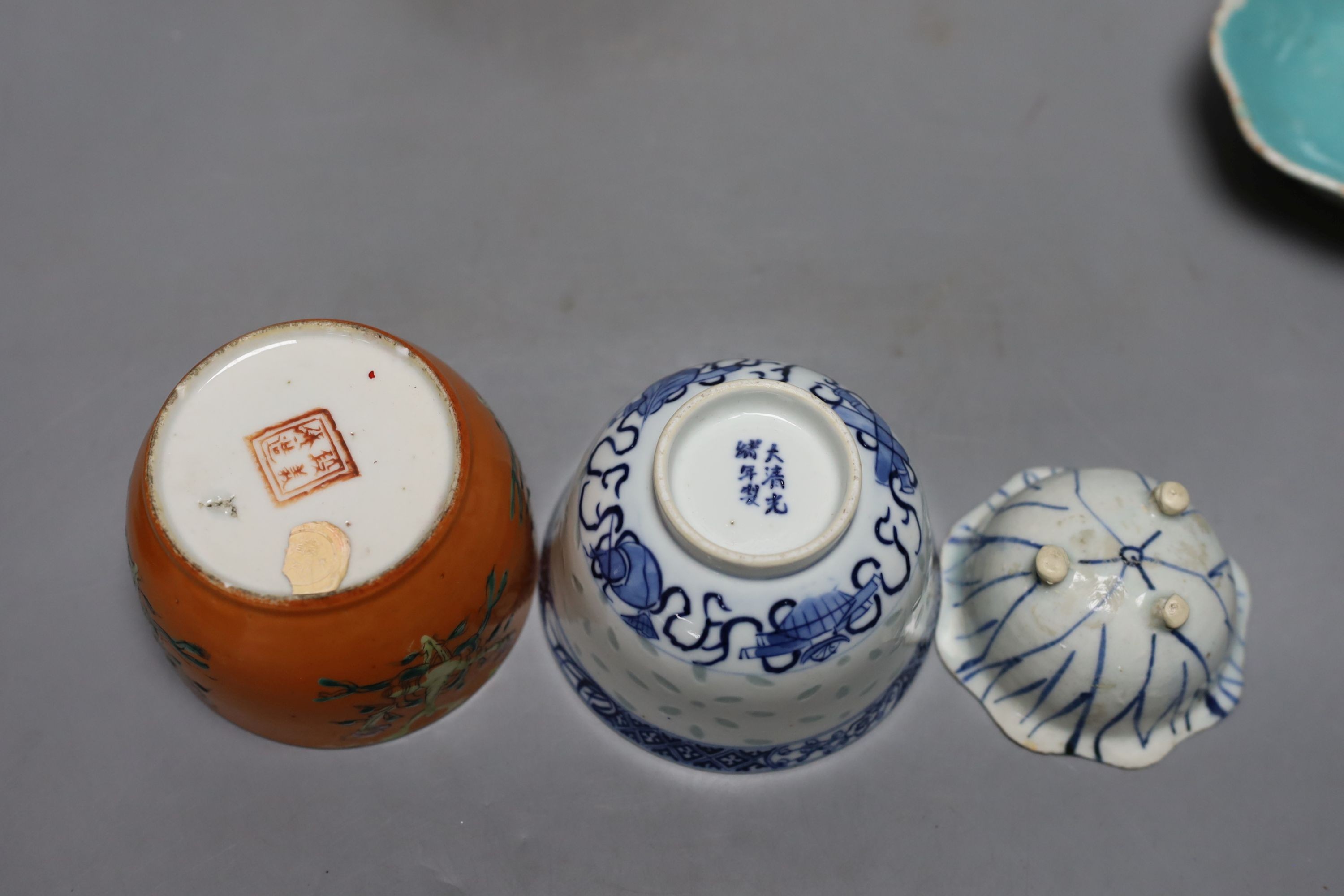 A pair of Chinese Straits chupu , with covers, 12cm. high, two enamelled dishes and two other items